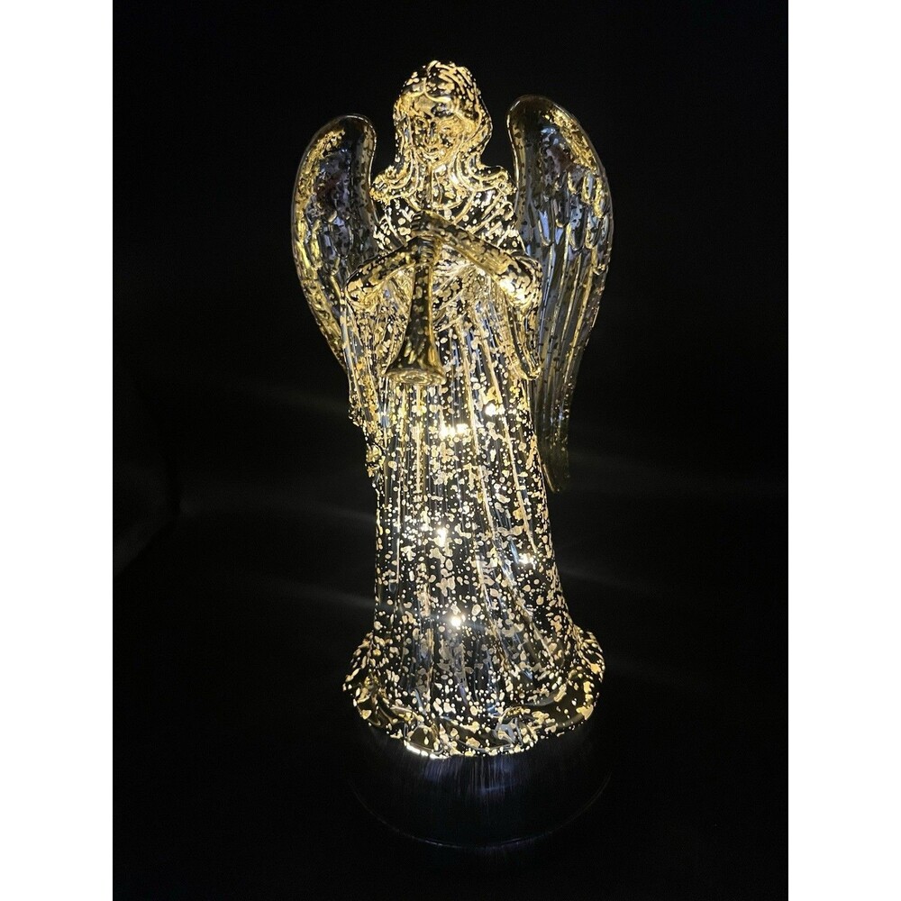 VTG Pre Lit LED Acrylic Christmas Angel Figurine 11” Gold Glitter Trumpet Decor